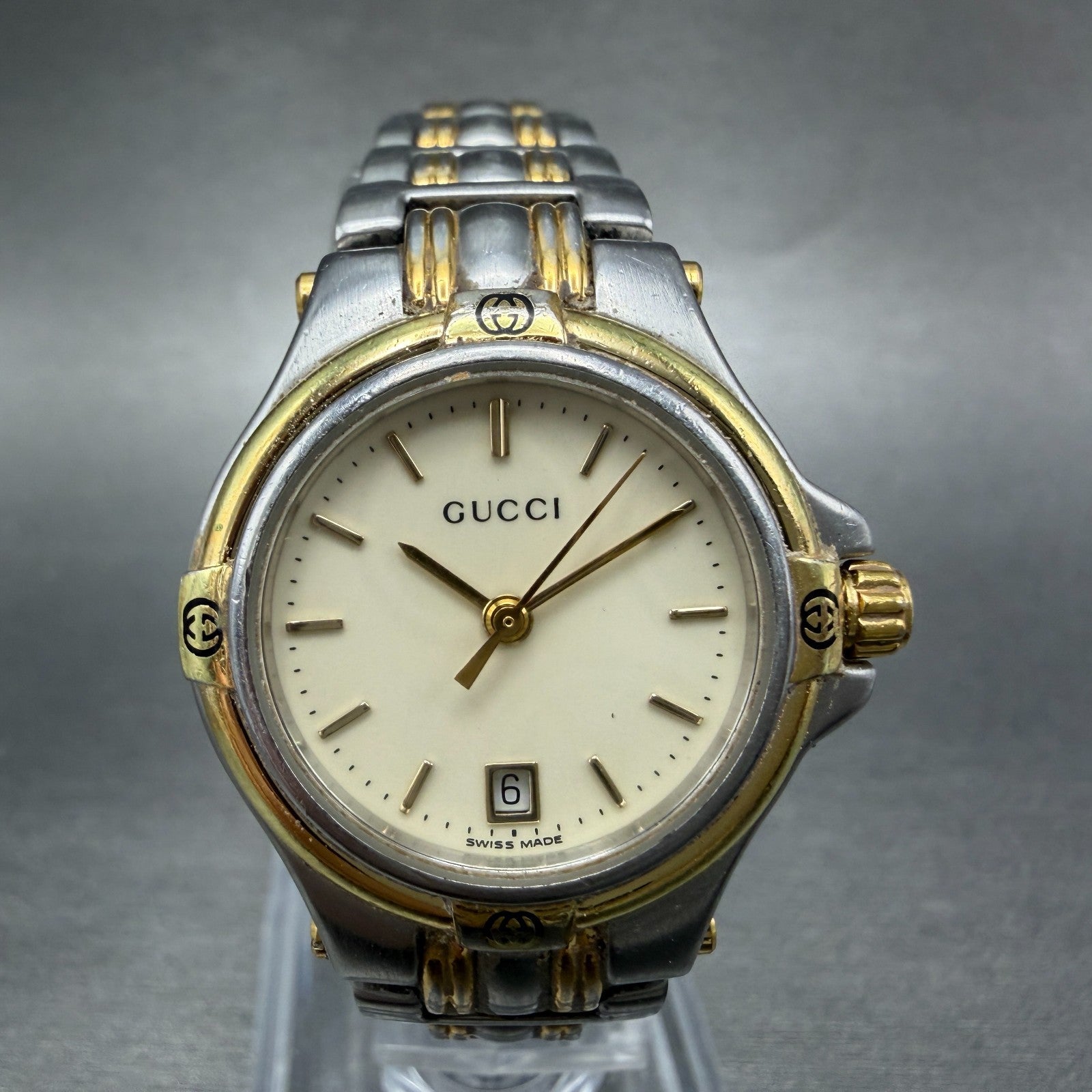 Gucci 9040L Watch Women 26mm Cream Dial Two Tone Date Round New Battery0