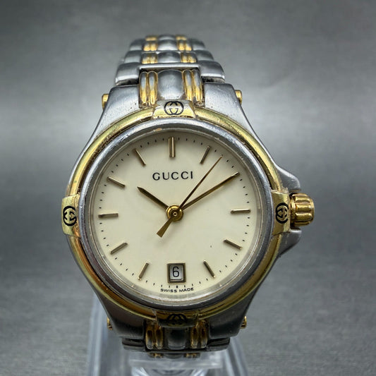 Gucci 9040L Watch Women 26mm Cream Dial Two Tone Date Round New Battery0