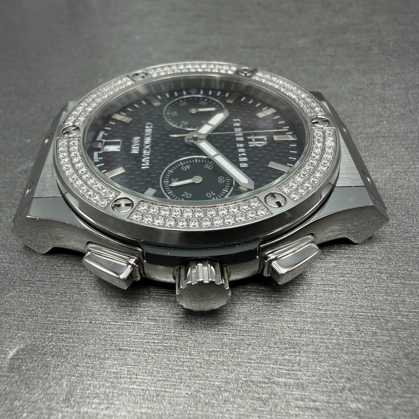 Frank Rosha Chronograph Watch Men 45mm Black Dial Steel Date Gem Bezel New batt5