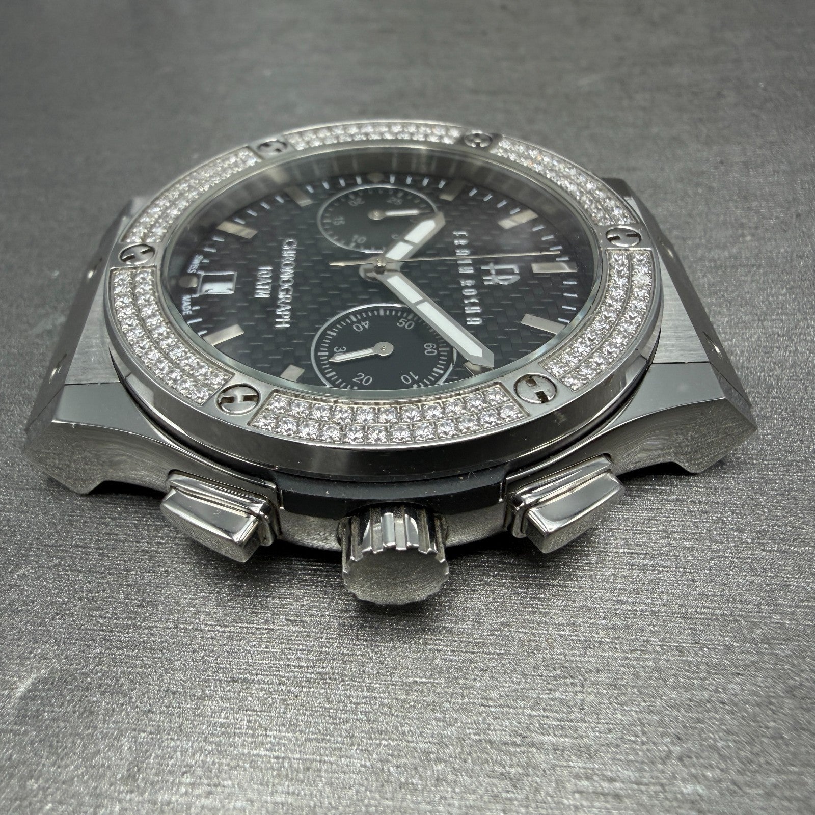 Frank Rosha Chronograph Watch Men 45mm Black Dial Steel Date Gem Bezel New batt5
