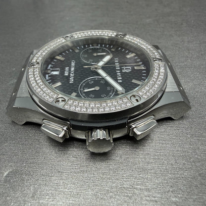 Frank Rosha Chronograph Watch Men 45mm Black Dial Steel Date Gem Bezel New batt5