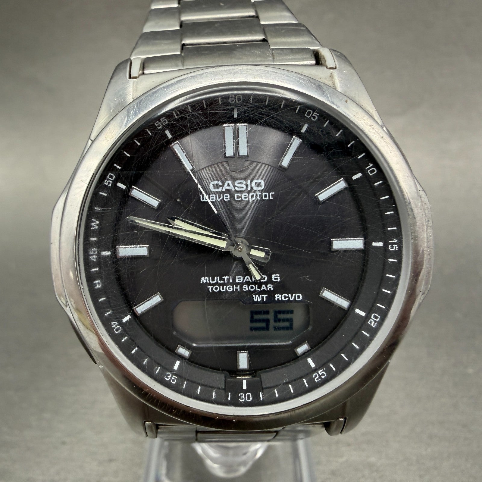 Casio Wave Ceptor Watch Men 42mm Black Dial Steel Solar Analog Digital Works JGH0