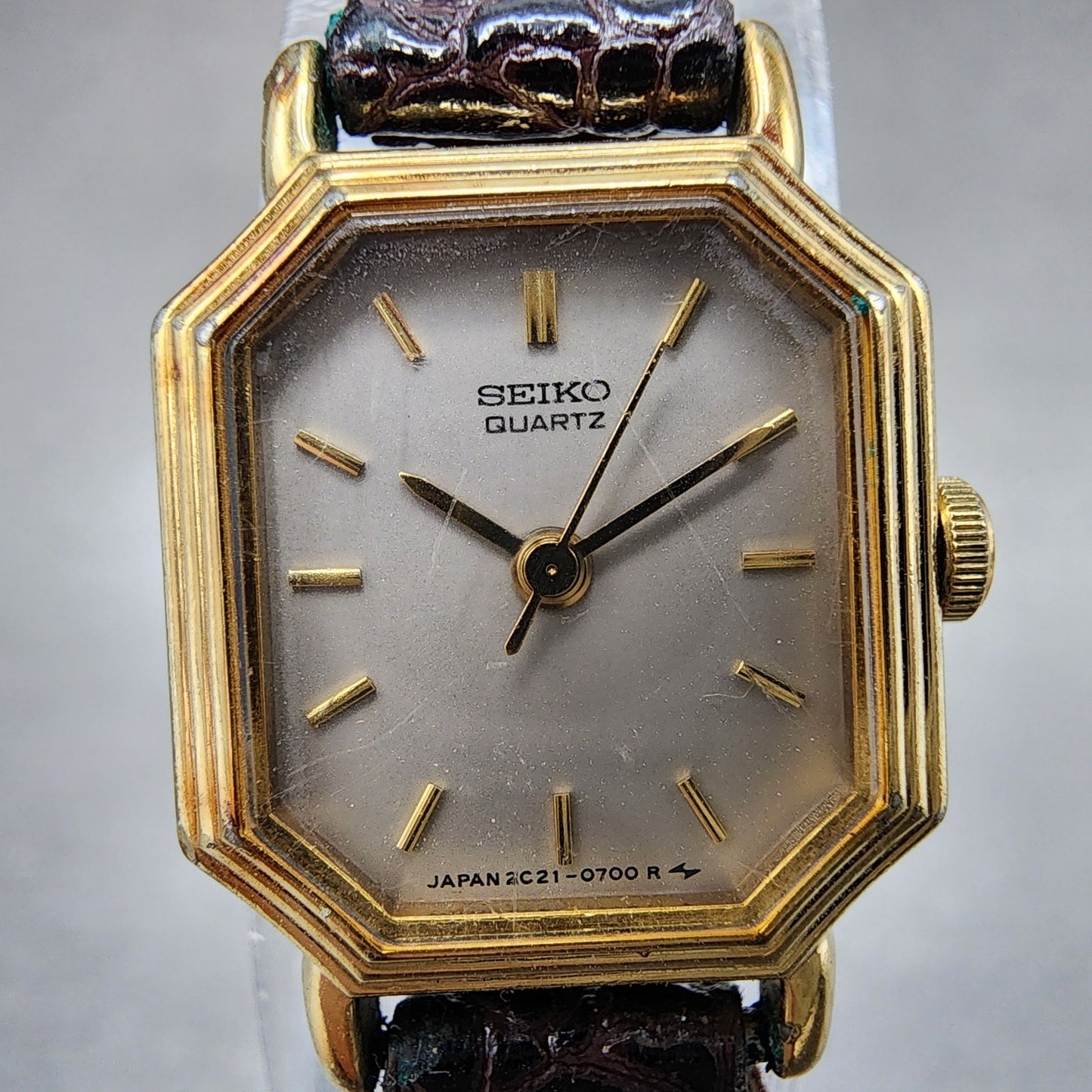 Seiko Tank Watch Women 16mm Gray Dial Gold Tone Octagon 2c215279 New Battery1