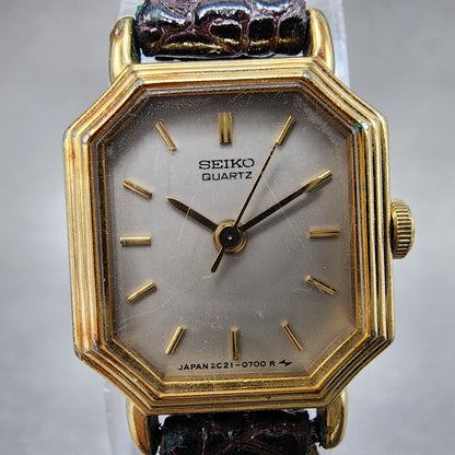 Seiko Tank Watch Women 16mm Gray Dial Gold Tone Octagon 2c215279 New Battery1