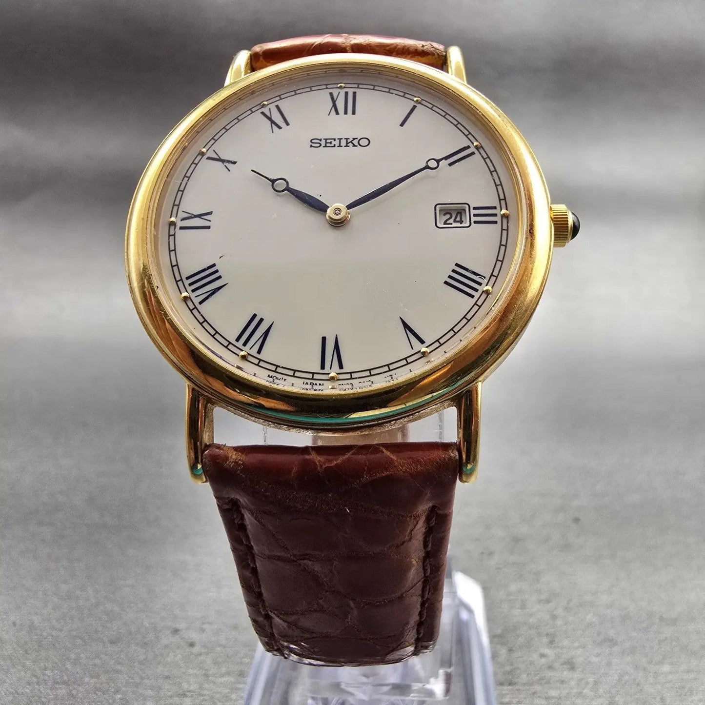Seiko Watch Men 34mm White Dial Gold Tone Date Round 7N39-0A19 New Battery VTG H5