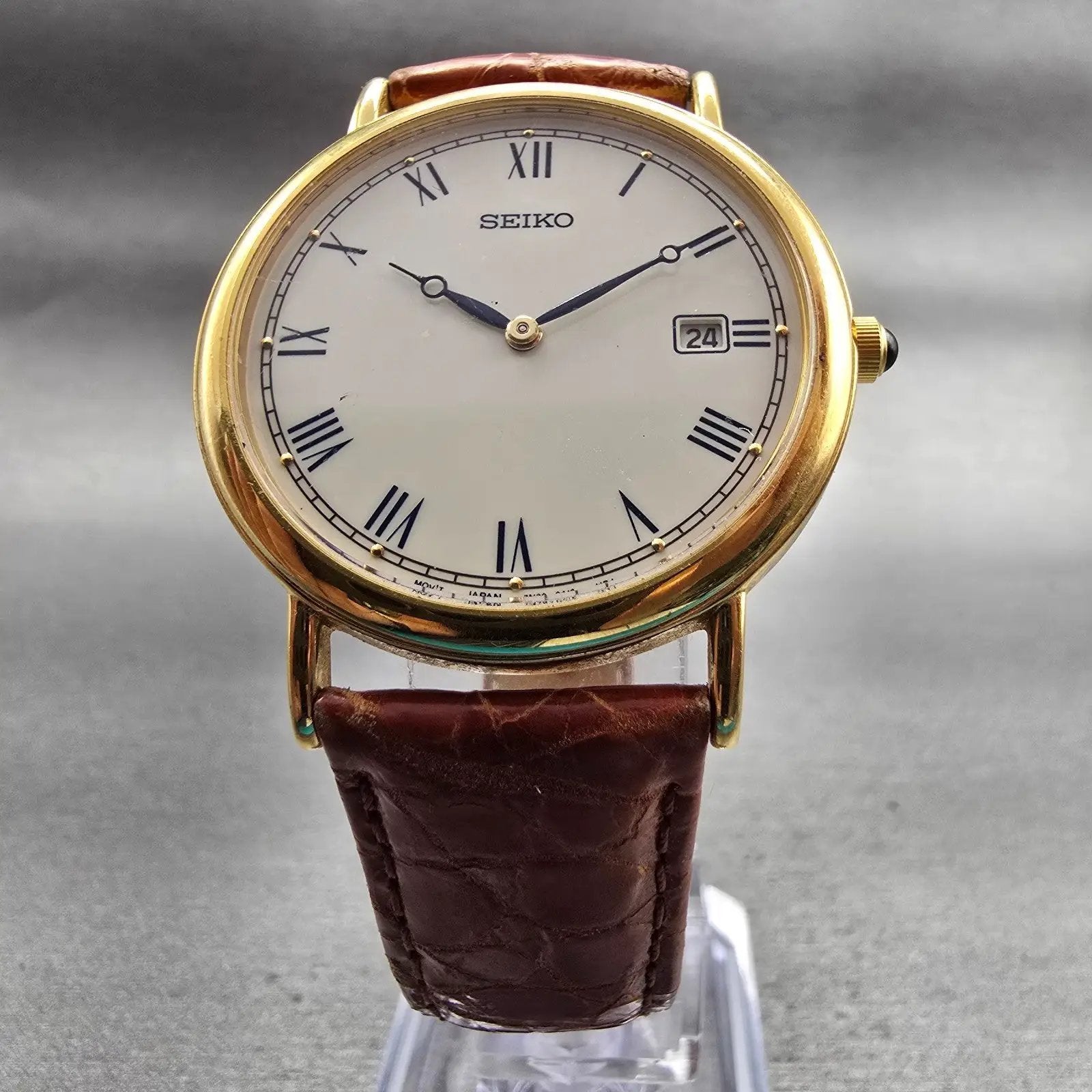 Seiko Watch Men 34mm White Dial Gold Tone Date Round 7N39-0A19 New Battery VTG H5