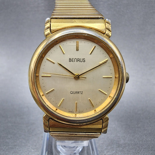 VTG Benrus Watch Men 32mm Champagne Dial Gold Tone Round New Battery