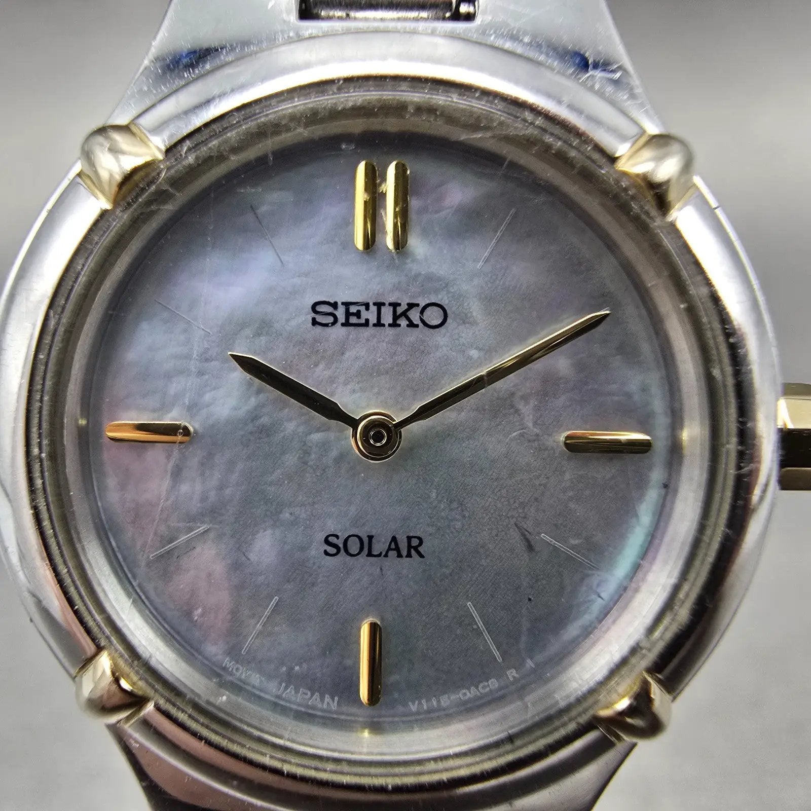 Seiko Solar Watch Women 24mm MOP Dial Two Tone Round V115-0AB0 Runs Bracelet1
