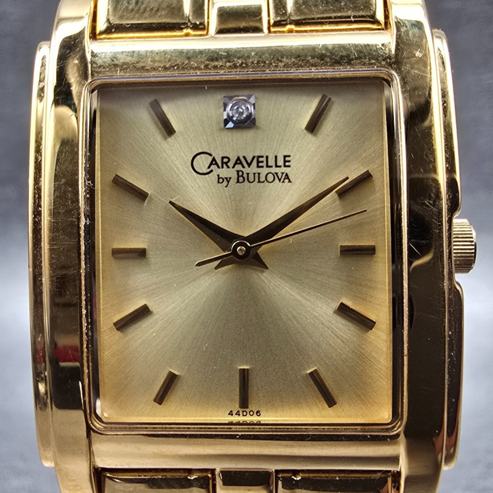 Bulova Caravelle Watch Men 26mm Gold Dial Gold Tone Rectangle 44D06 New Battery1
