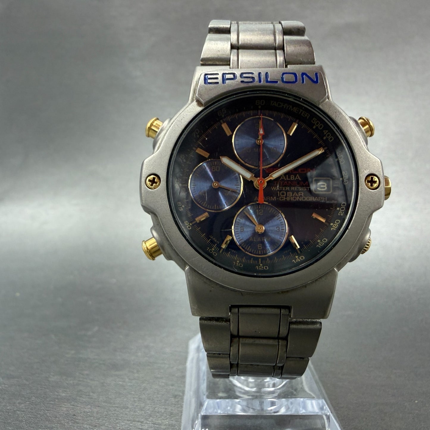 Seiko Alba Epsilon Chronograph Watch Men 41mm Blue Dial Titanium Date New Batt5