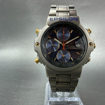 Seiko Alba Epsilon Chronograph Watch Men 41mm Blue Dial Titanium Date New Batt5