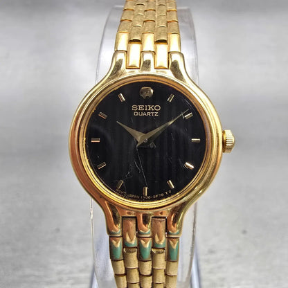 Seiko Watch Women 19mm Black Dial Gold Tone Round 1N00-0B29 New Battery Vintage0