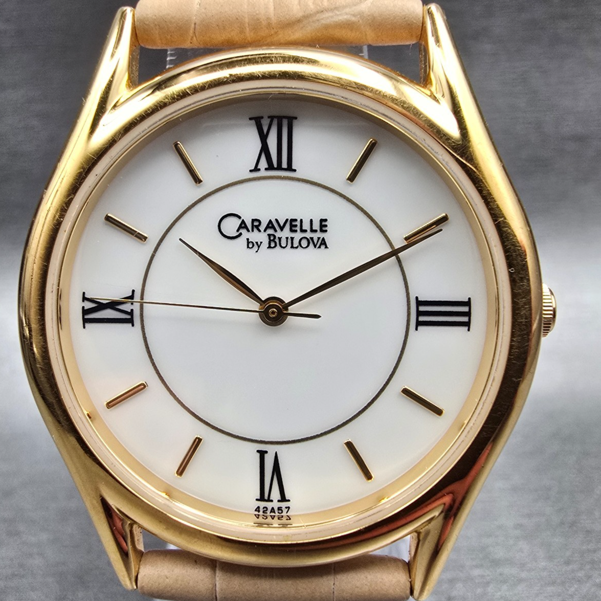 Bulova Caravelle Watch Men 33mm White Dial Gold Tone Round 42A57 New Battery1