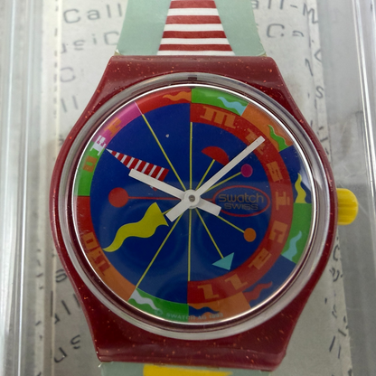 Swatch Musical Fandango Watch Men 34mm Blue Dial Red Tone SLR100 New batt W/box1