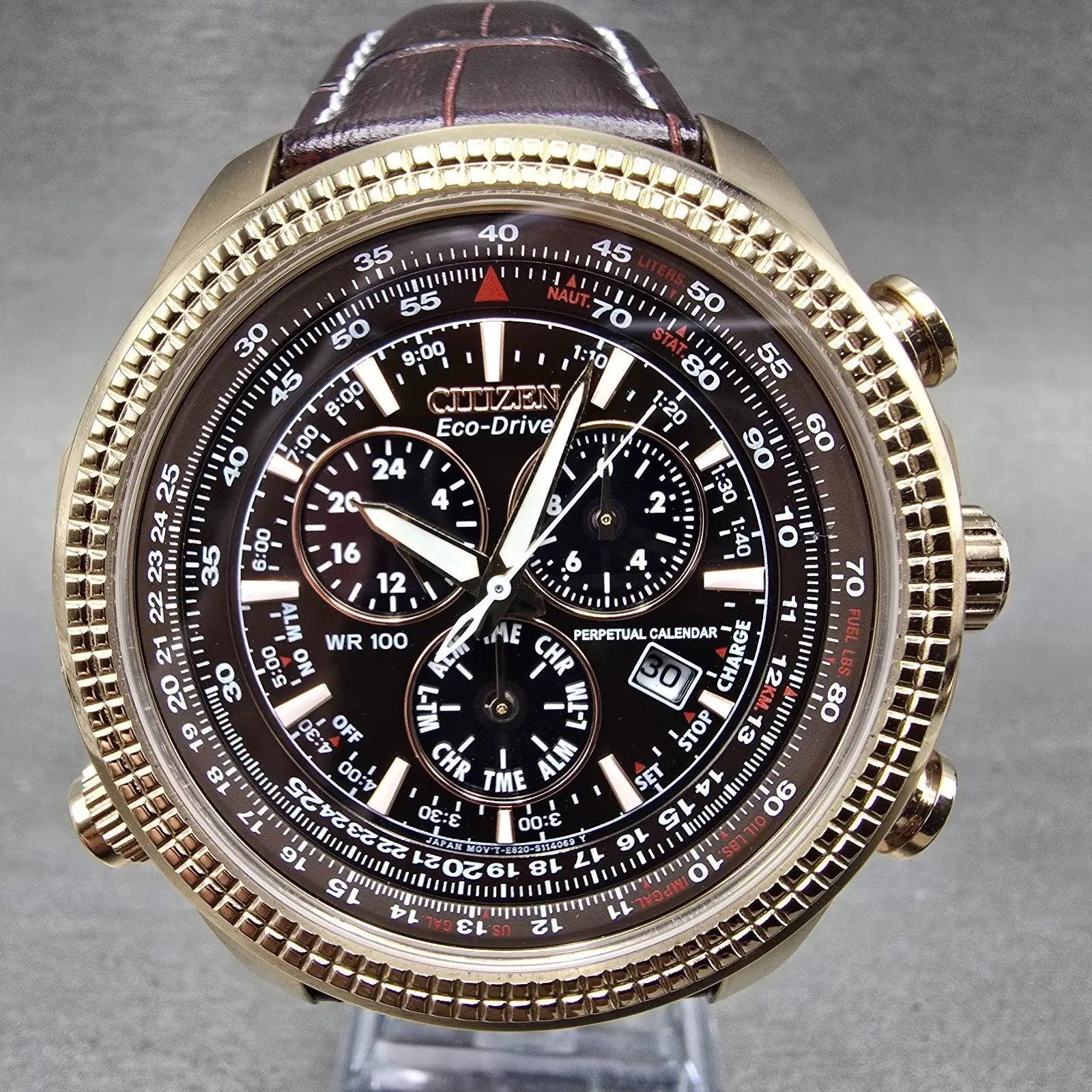 Citizen Eco-Drive Brycen Watch Men 48mm Brown Dial Rose Gold Chrono BL5403-03X0