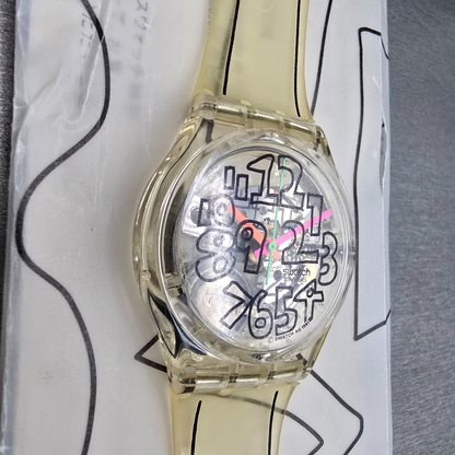 Swatch Scribble Watch Men 34mm Skeleton Dial Clear Case GZ124 New Battery NOS3