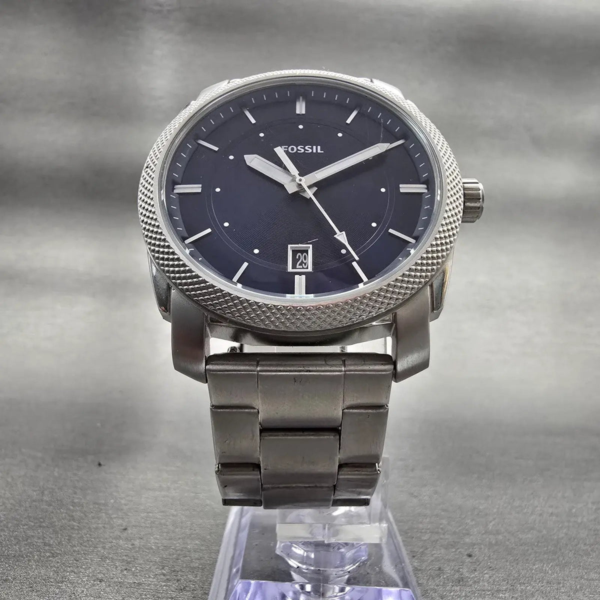Fossil Machine Watch Men 43mm Blue Dial Silver Tone Date Round FS5340 New Batt5