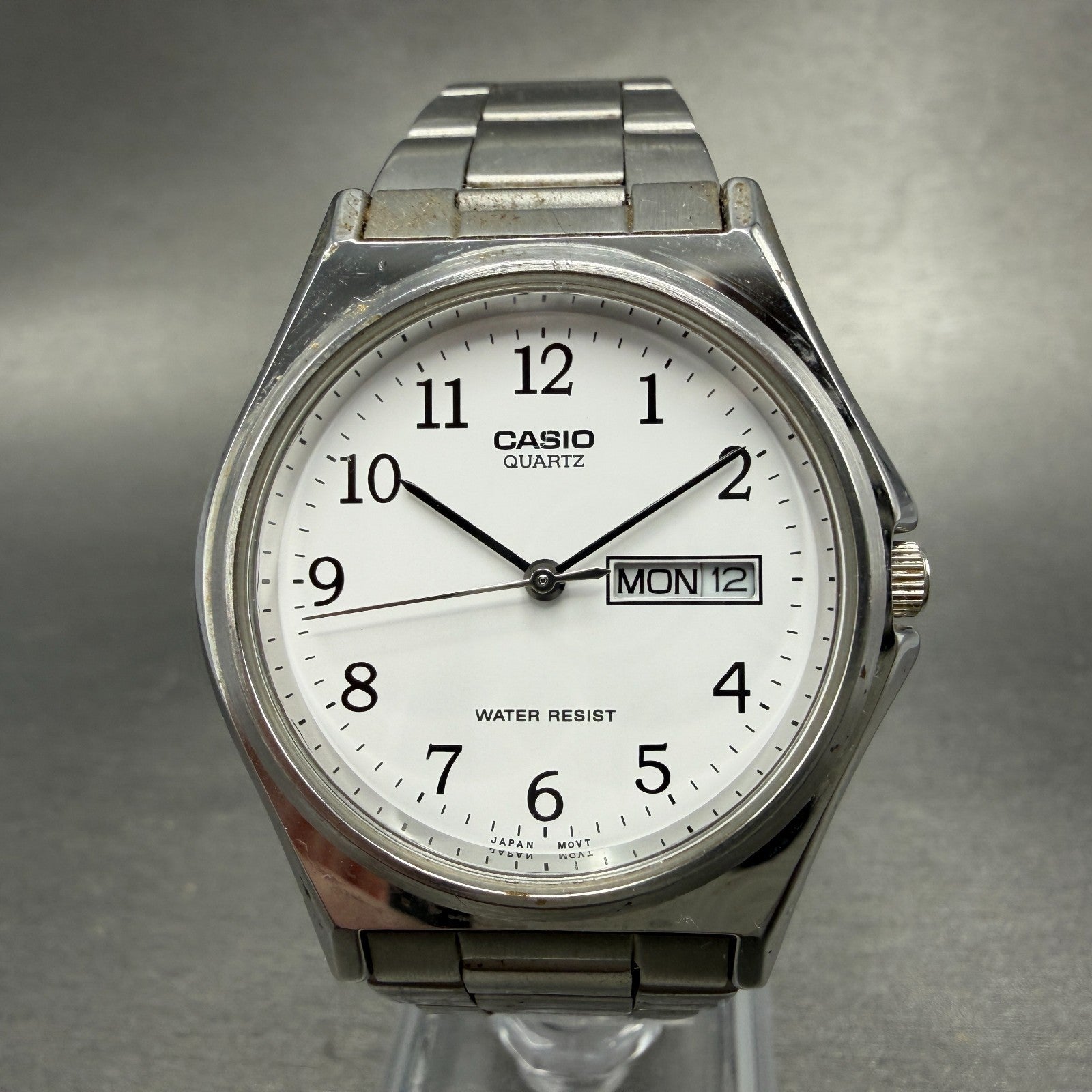 Casio Watch Men 35mm White Dial Silver Tone Daydate MTP-1240DJ New Battery0