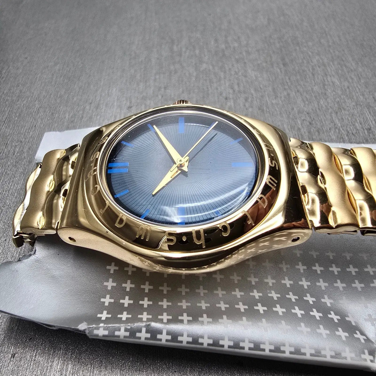 Swatch Irony Medium Evensong Watch Men 33mm Blue Dial Gold YLG110 New Batt NOS6