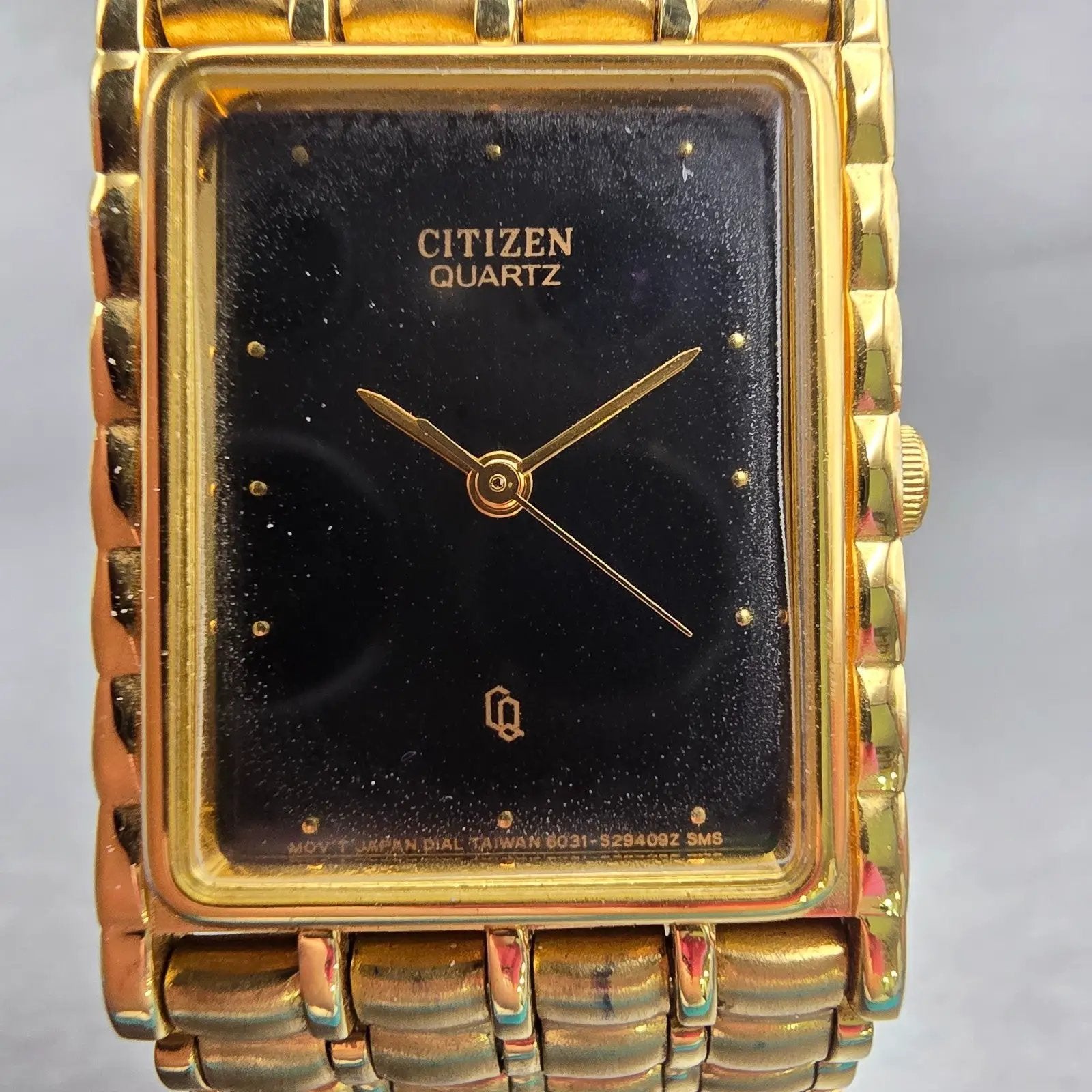 Citizen CQ Watch Men 24mm Black Dial Gold Tone Rectangle 6031-S07084 New Battery1