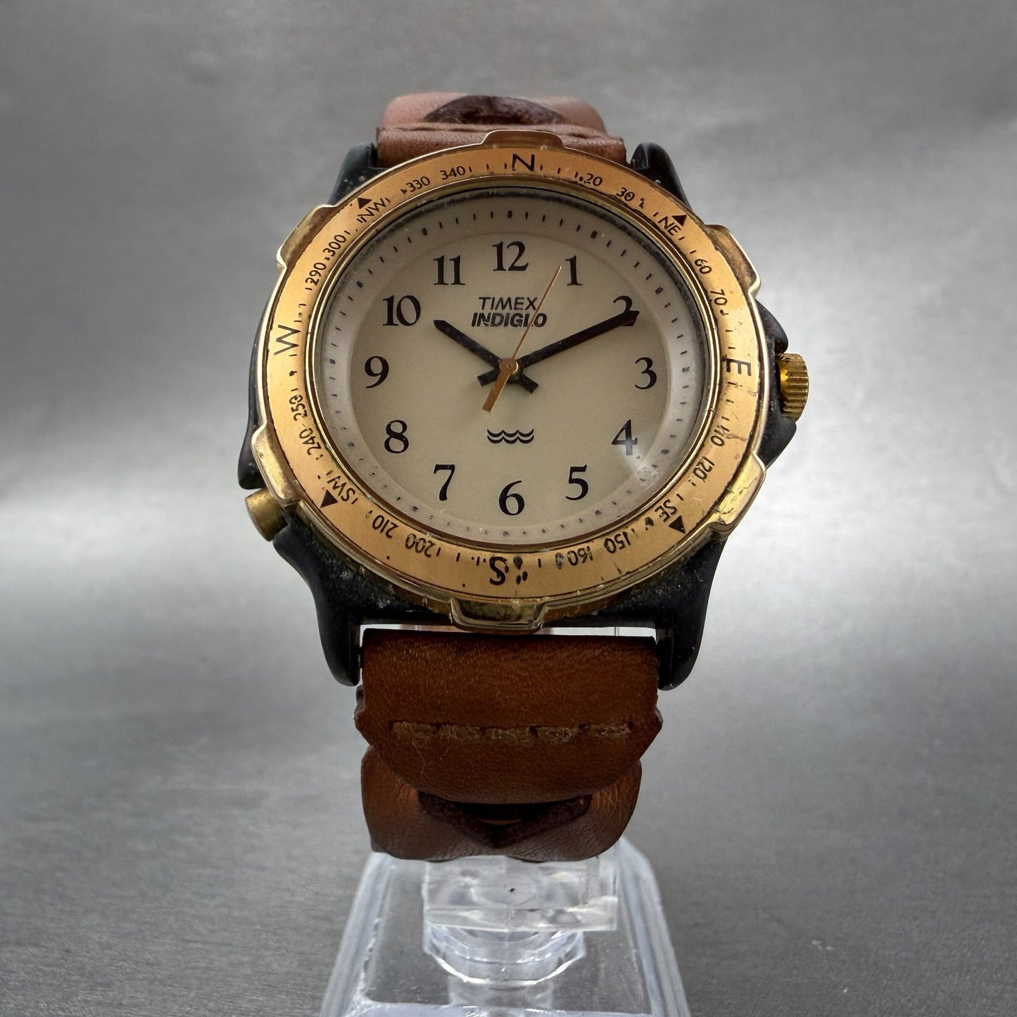 Timex Indiglo Watch Men 37mm Cream Dial Black Tone Round New Battery VTG5