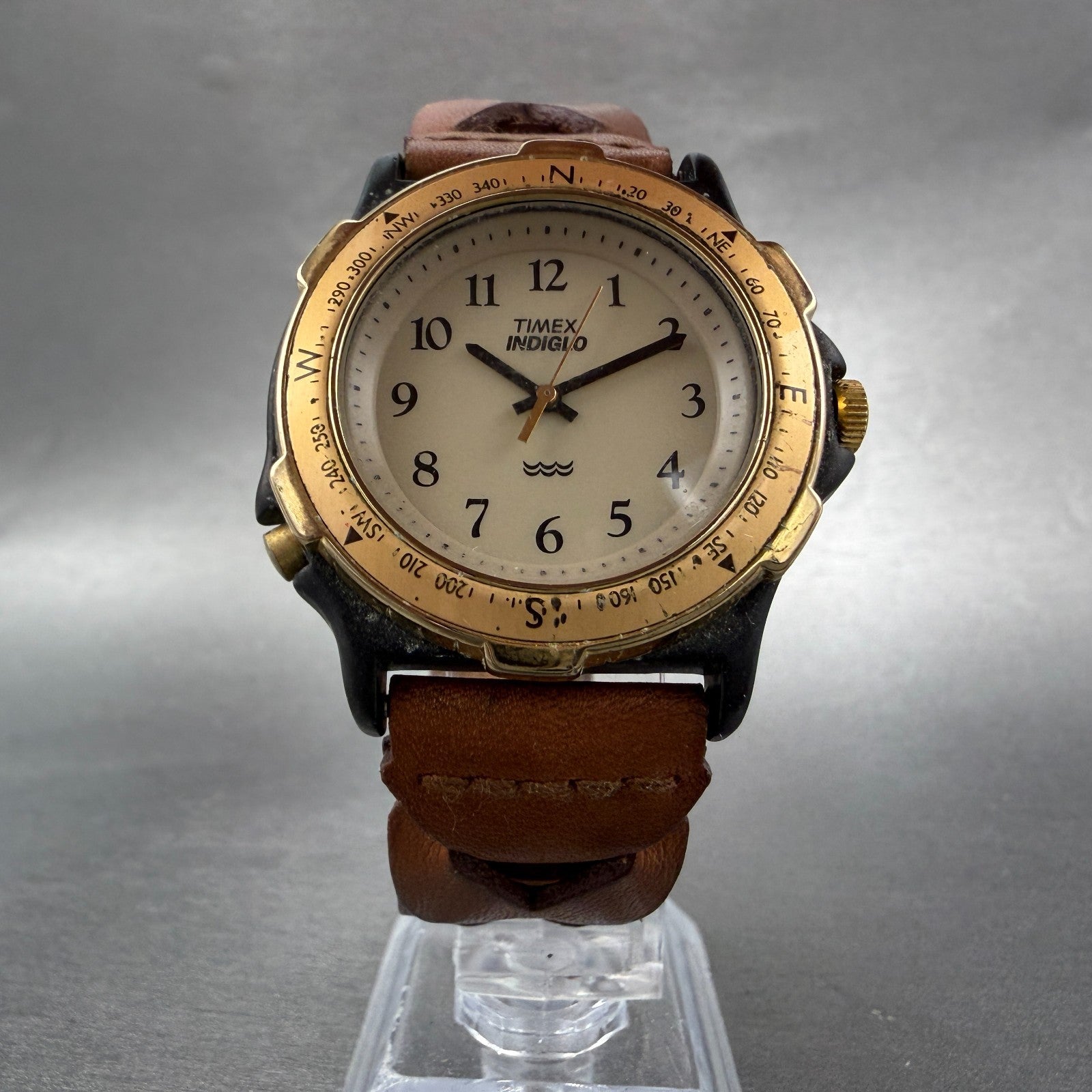 Timex Indiglo Watch Men 37mm Cream Dial Black Tone Round New Battery VTG5