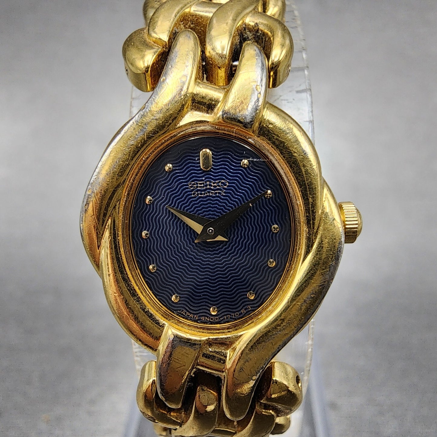 Seiko Watch Women 18mm Blue Dial Gold Tone Oval 4N005669 New Battery1