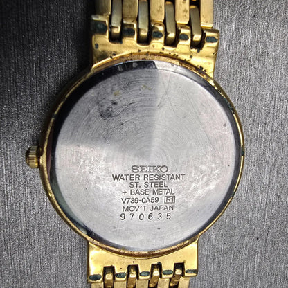 Seiko Watch Men 33mm White Dial Gold Tone Date Round V739-0A59 New Battery VTG10