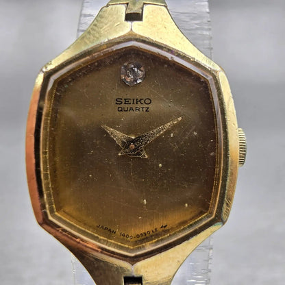Seiko Watch Women 17mm Gold Dial Gold Tone Hexagon 1400-5319 New Battery Vintage1