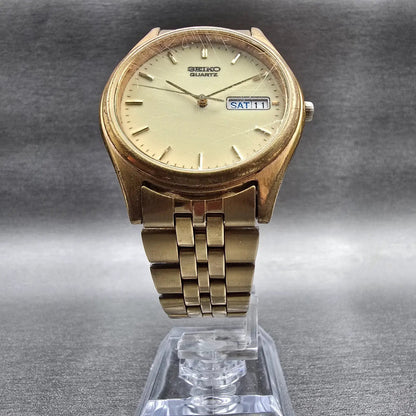 Seiko Watch Men 37mm Luminous Dial Gold Tone Daydate Round 7N43-9048 New Batt JP5