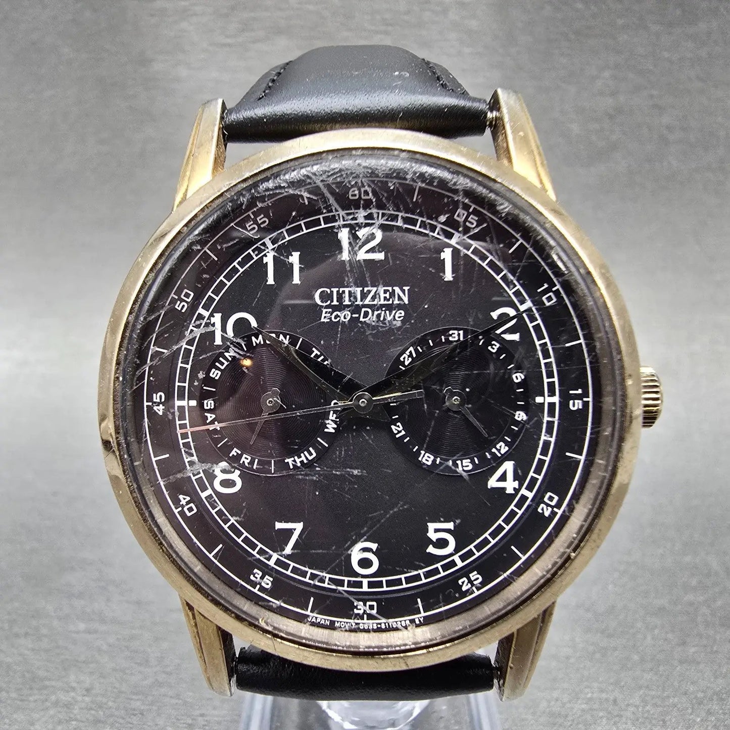 Citizen Eco-Drive Watch Men 42mm Black Dial Gold Tone Daydate 8635-S079764 Runs0