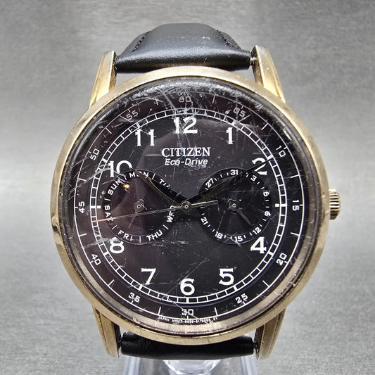 Citizen Eco-Drive Watch Men 42mm Black Dial Gold Tone Daydate 8635-S079764 Runs0