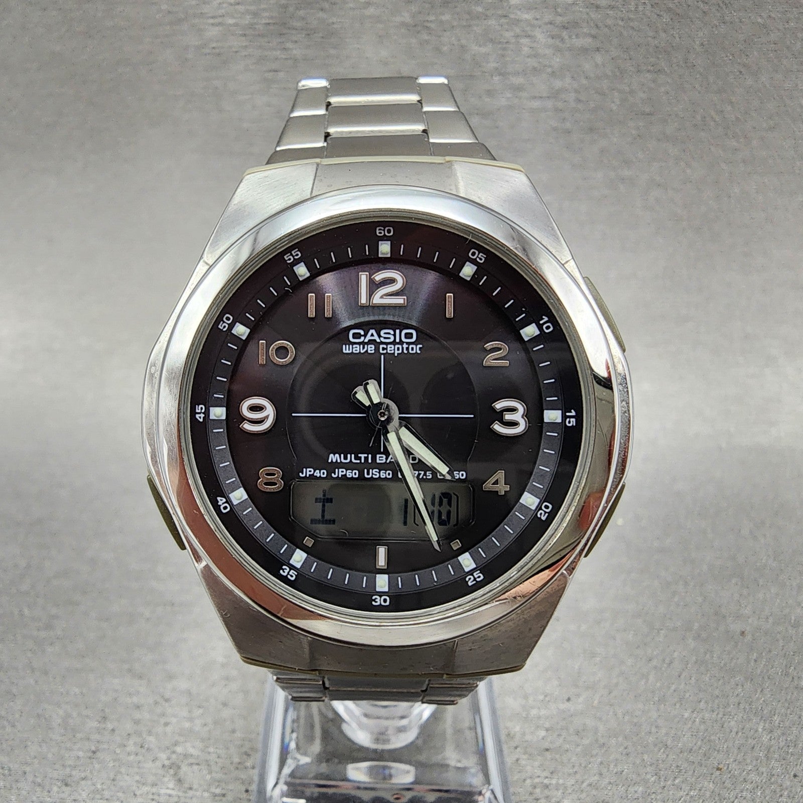 Casio Wave Ceptor Watch Men 41mm Black Dial Steel Analog Digital Solar Runs B1230