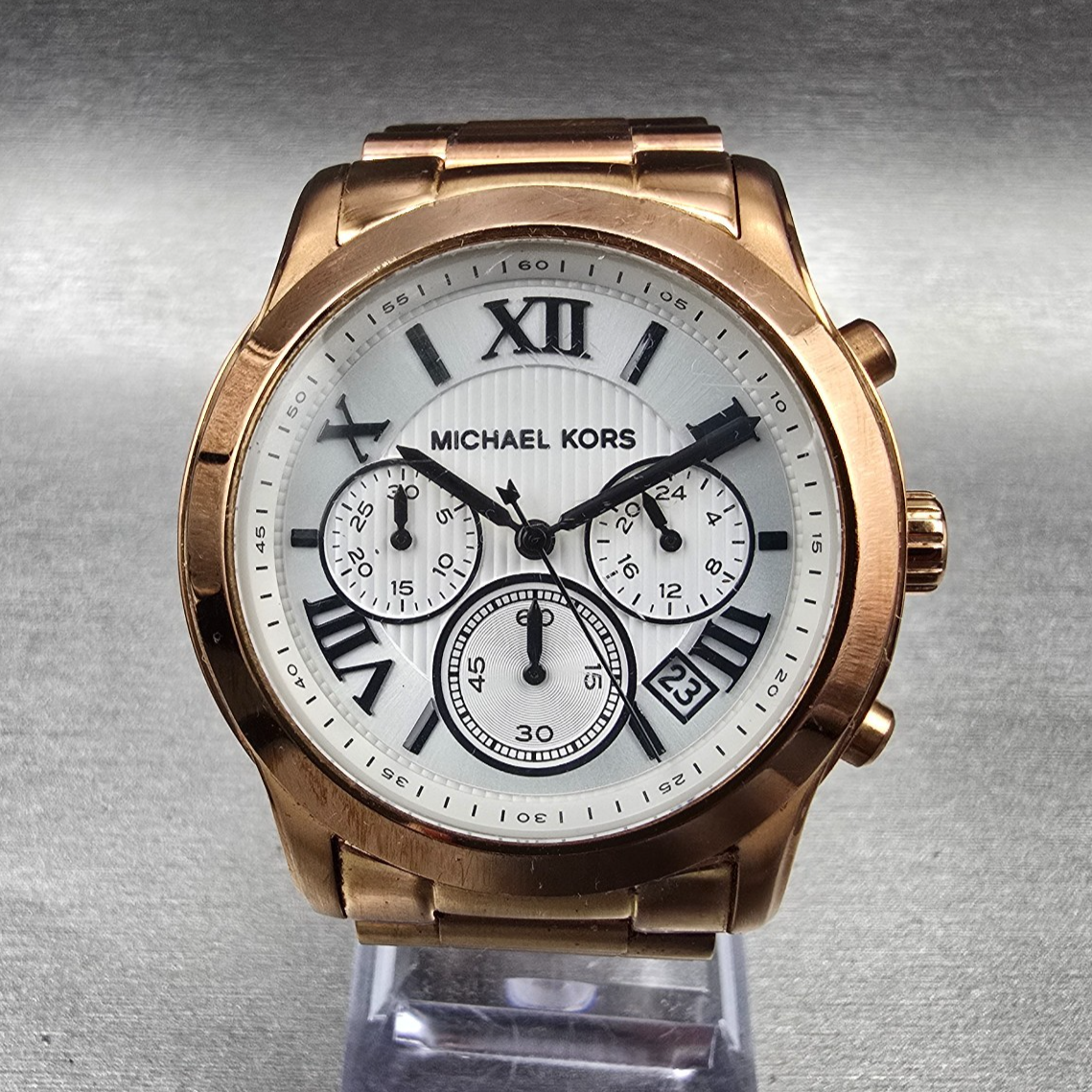 Michael Kors Cooper Watch Women 40mm White Dial Rose Gold Chrono MK-5929 New Bat0