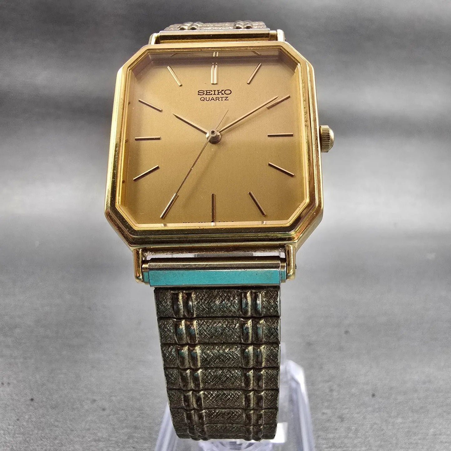 Seiko Watch Men 27mm Gold Dial Gold Tone Rectangle 6531-5100 New Battery Vintage5