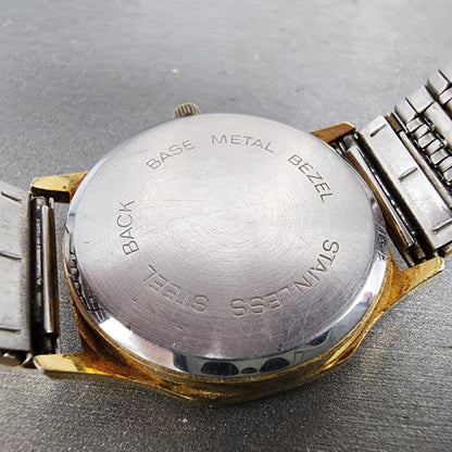 Benrus Watch Men 32mm Black Dial Gold Tone Daydate Round New Battery Vintage9