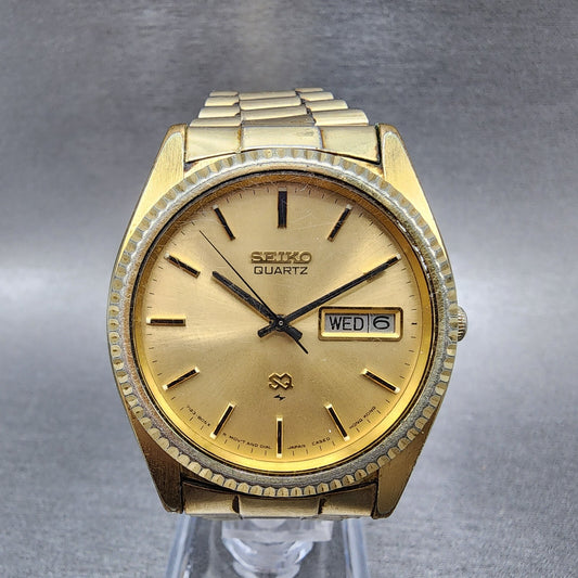 Seiko SQ President Watch Men 36mm Gold Dial Gold Plated Daydate Round NewBat C89