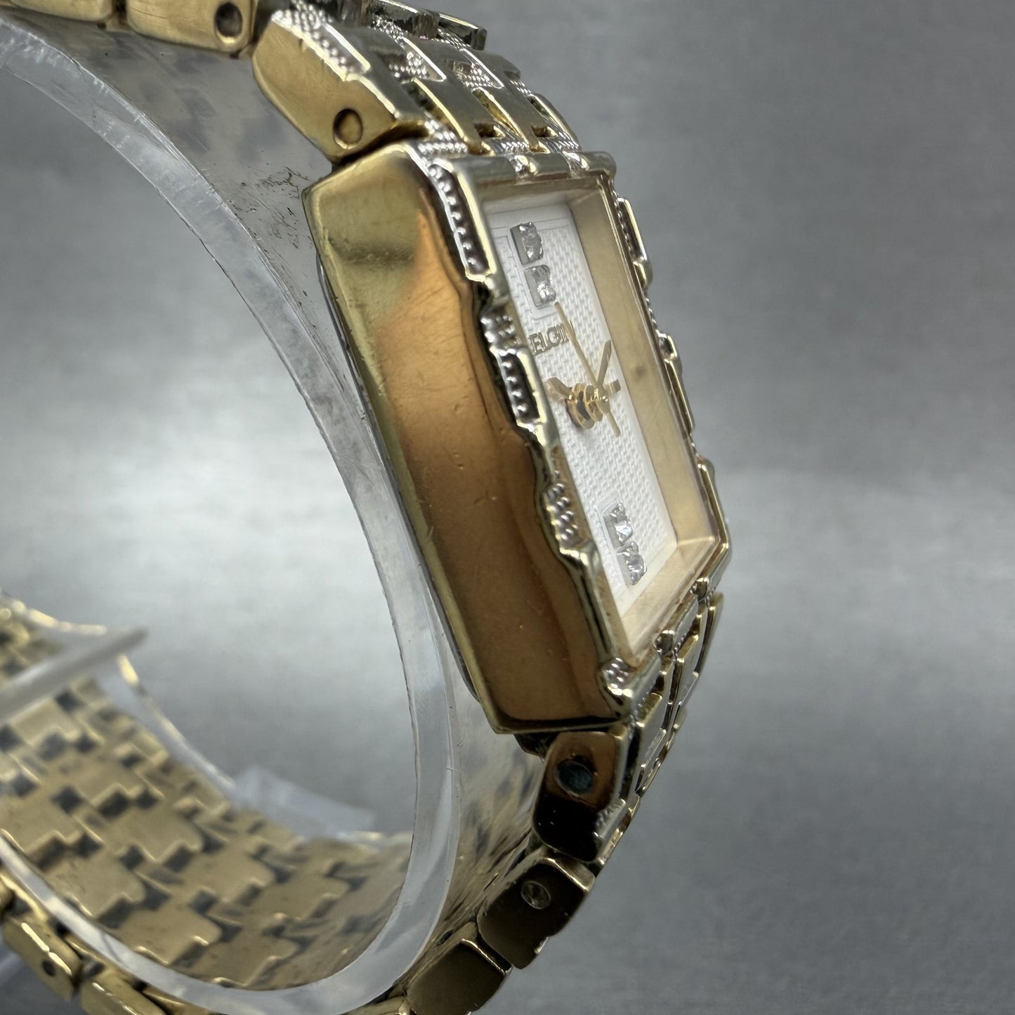 Elgin Tank Watch Women 17mm White Dial Gold Tone Rectangle New Battery3