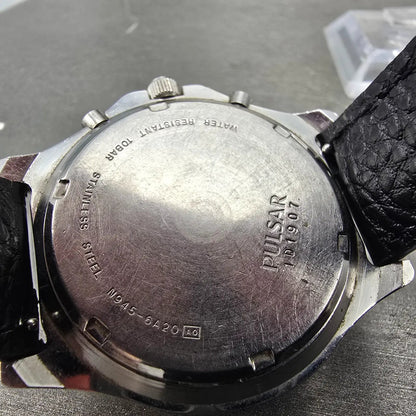 Seiko Pulsar Chronograph Watch Men 41mm Black Dial Silver Alarm Date N945 NewBat10