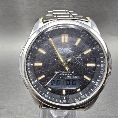 Casio Wave Ceptor Watch Men 42mm Black Dial Steel Solar Analog Digital Works JP90
