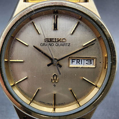 Seiko Grand Quartz Watch Men 38mm Champagne Dial Gold Tone Daydate New Bat