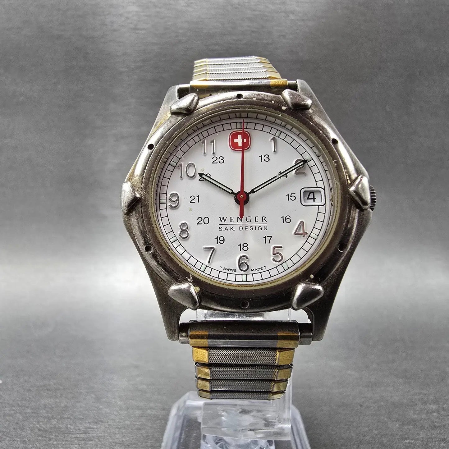 Wenger SAK Watch Men 36mm White Dial Silver Tone Date Round Vintage PARTS VTG LP6