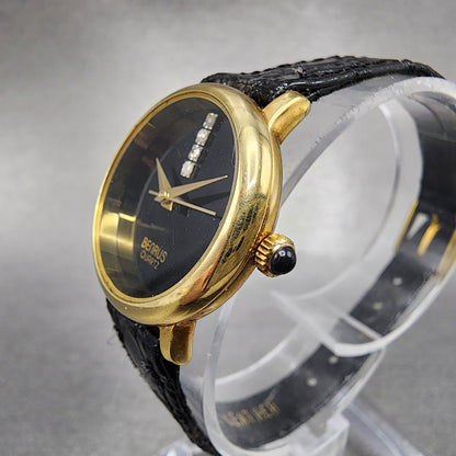 Benrus Watch Women 24mm Black Dial Gold Tone Round Diamond Accents New Battery2