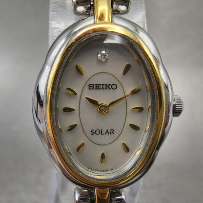 Seiko Solar Watch Women 19mm Gray Dial Two Tone Oval V1100AG0 Runs Bracelet1