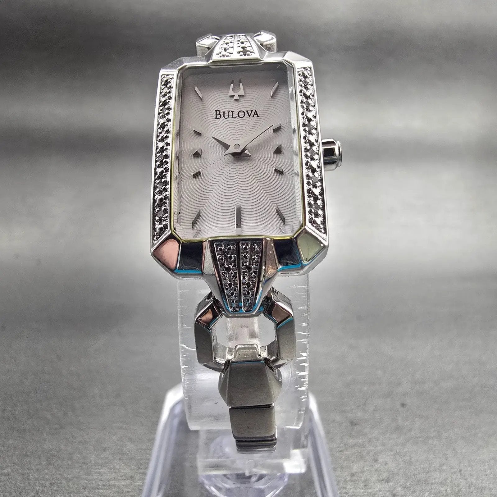 Bulova Watch Women 18mm White Dial Silver Tone Rectangle 96R117 New Bat Diamonds5