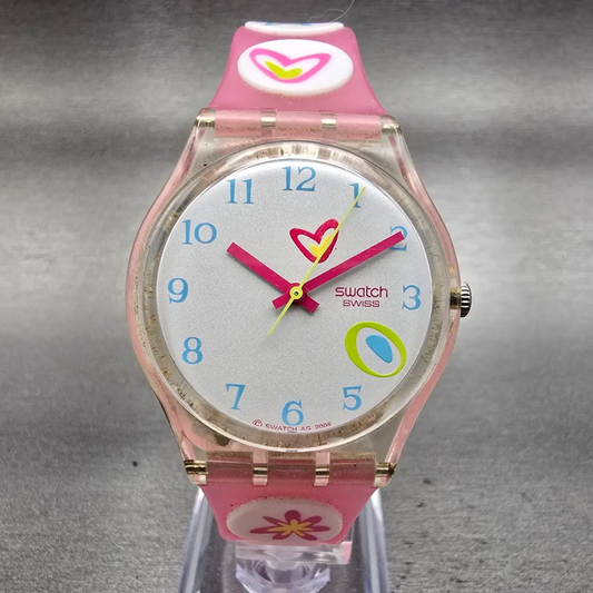 Swatch Pink Candy Watch Women 34mm White Dial Clear Case Round GE177 New Battery0