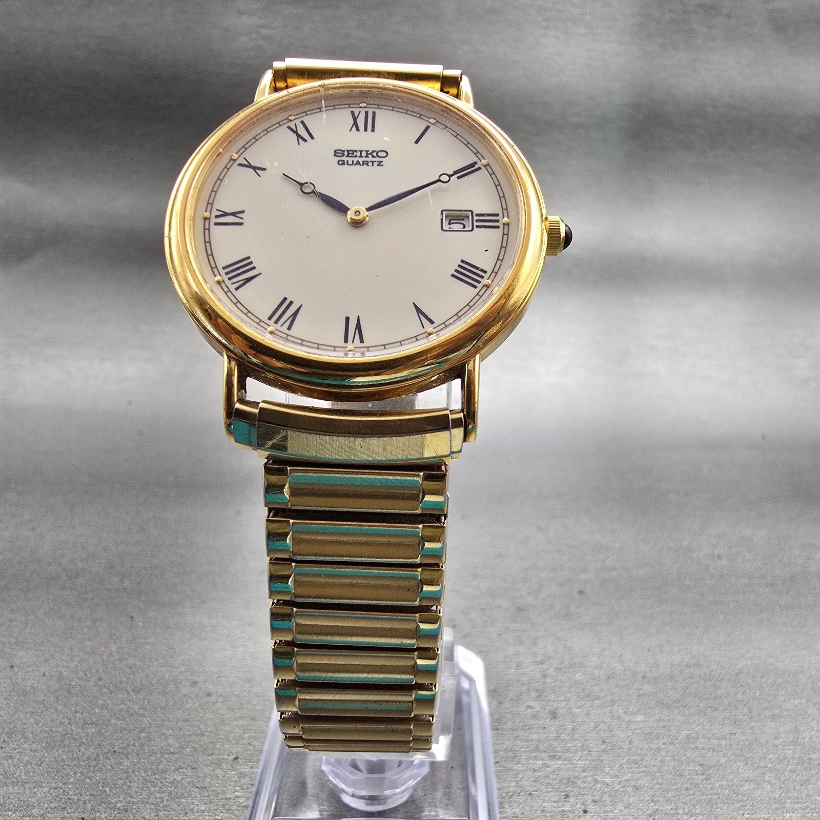 Seiko Watch Men 34mm Cream Dial Gold Tone Date Round 7N29-8A09 New Battery VTG5