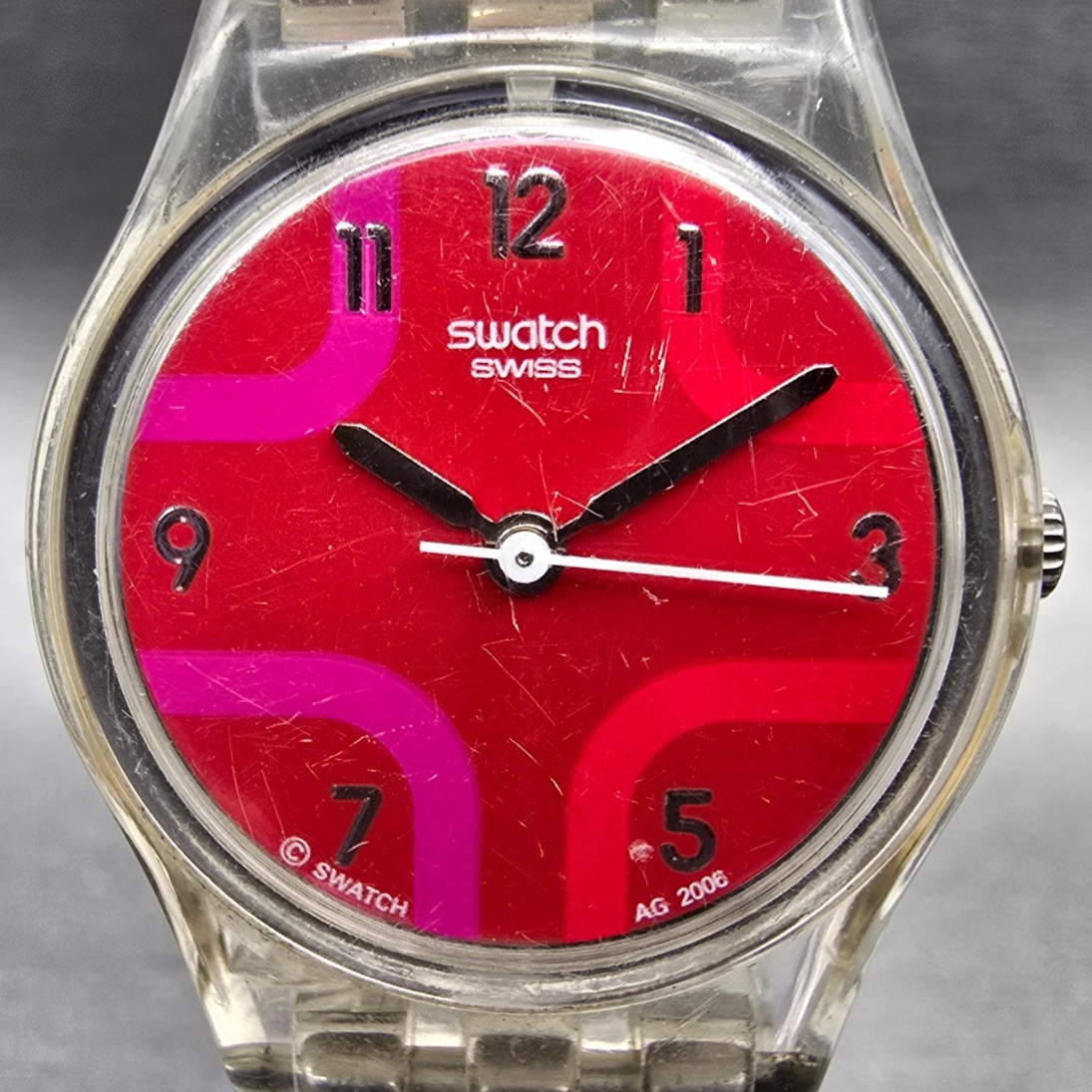 Swatch Vida Circular Watch Women 25mm Red Dial Clear Case CK244G New Battery1