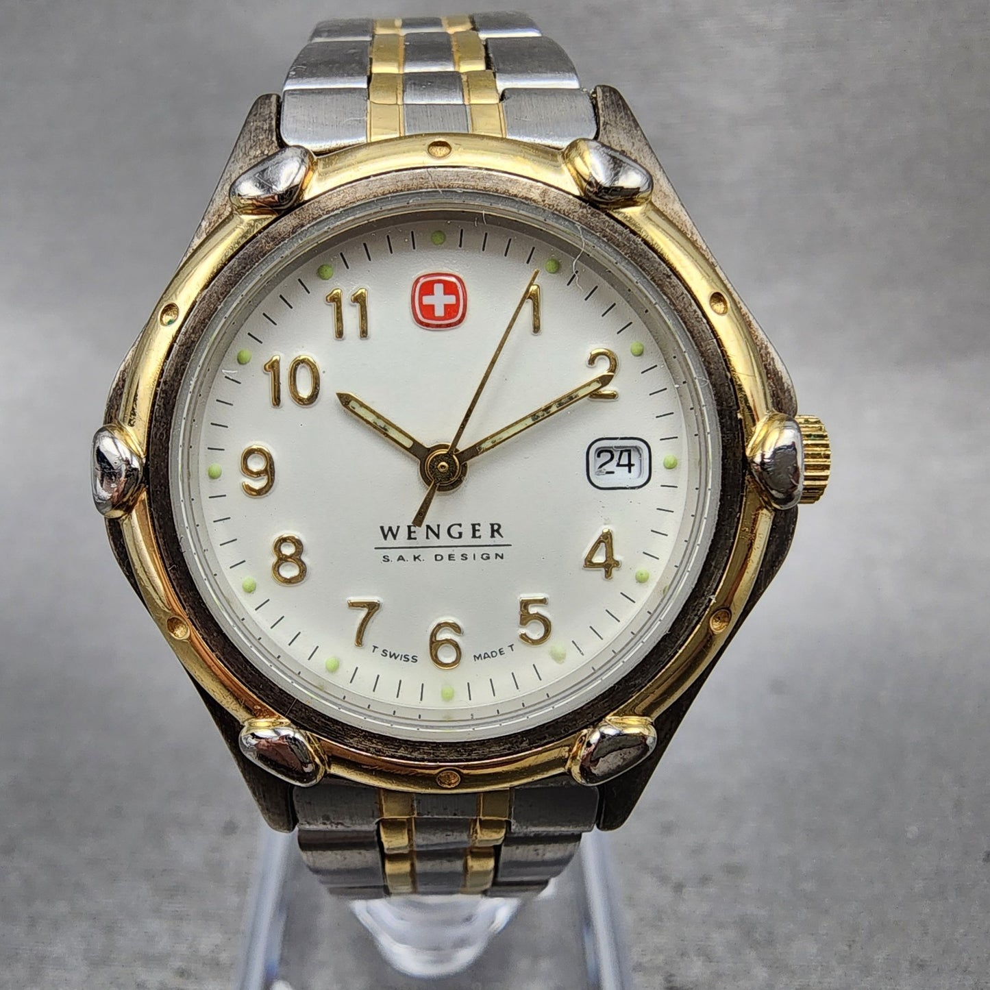 Wenger SAK Design Watch Women 28mm White Dial Two Tone Date Round New BatteryAB10