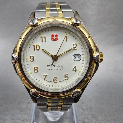 Wenger SAK Design Watch Women 28mm White Dial Two Tone Date Round New BatteryAB10